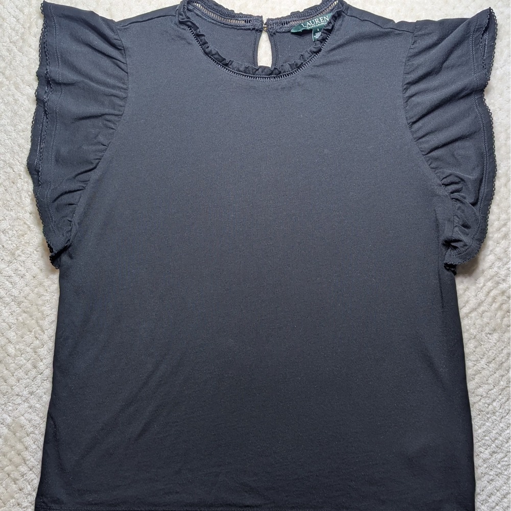Lauren Ralph Lauren Black Ruffle Sleeve Top‎ L Cotton Minimal Classic